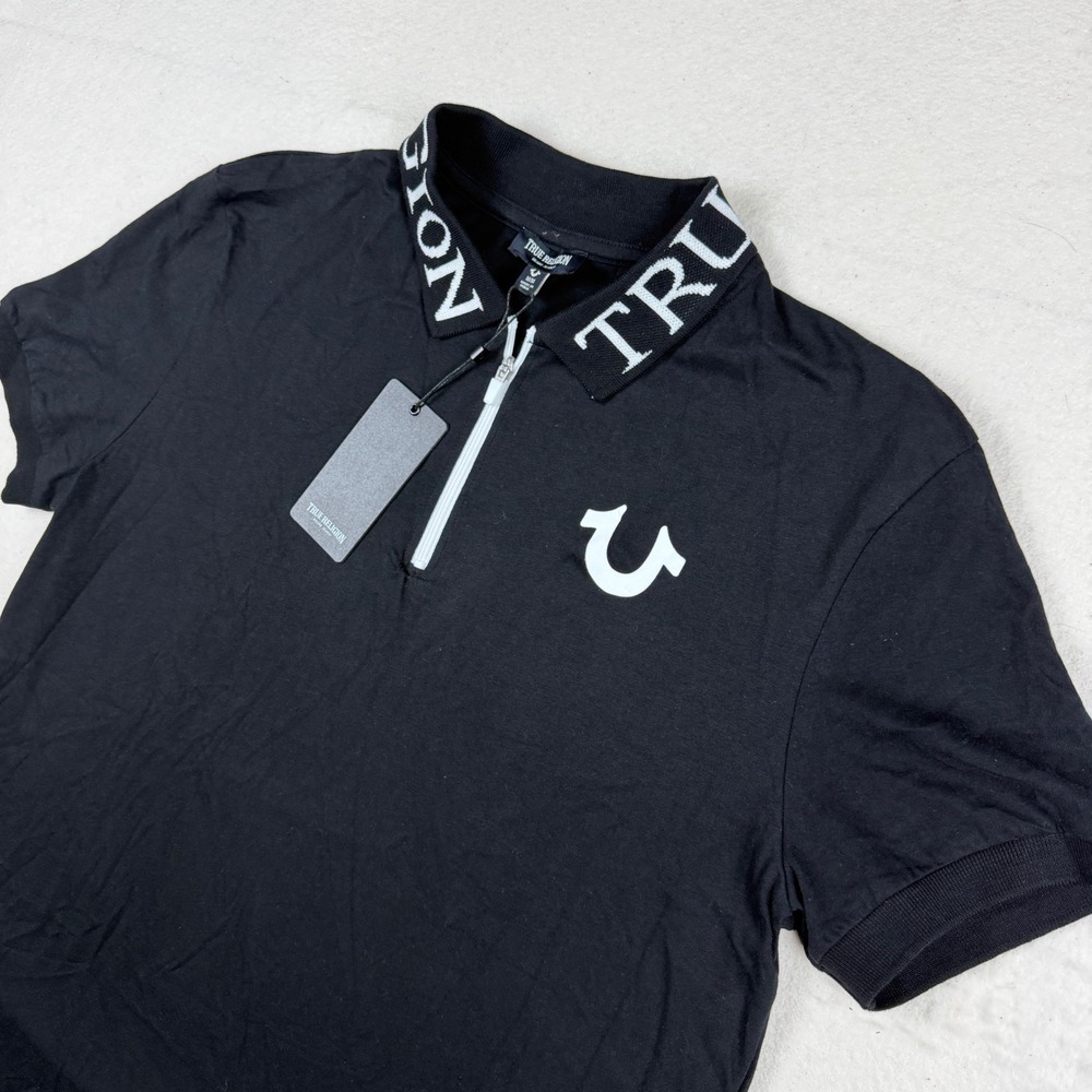 True Religion Mens Jet Black TR Collar Zip Polo Shirt 700571 Medium NWT